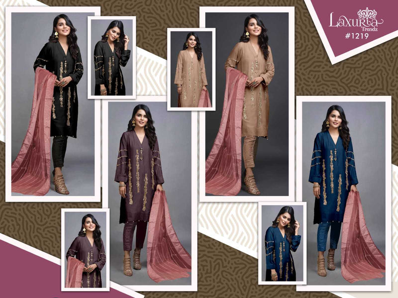 Laxuria Trendz 1219 Imported Satin Handwork Kurti Pant Fancy Organza Dupatta Set