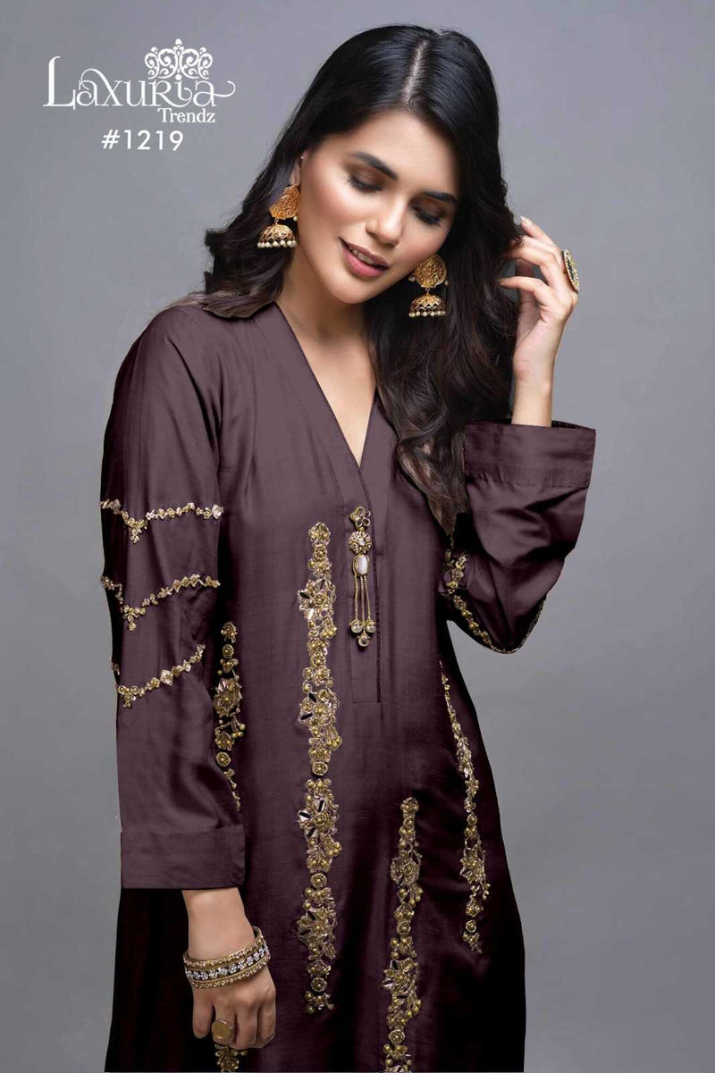 Laxuria Trendz 1219 Imported Satin Handwork Kurti Pant Fancy Organza Dupatta Set
