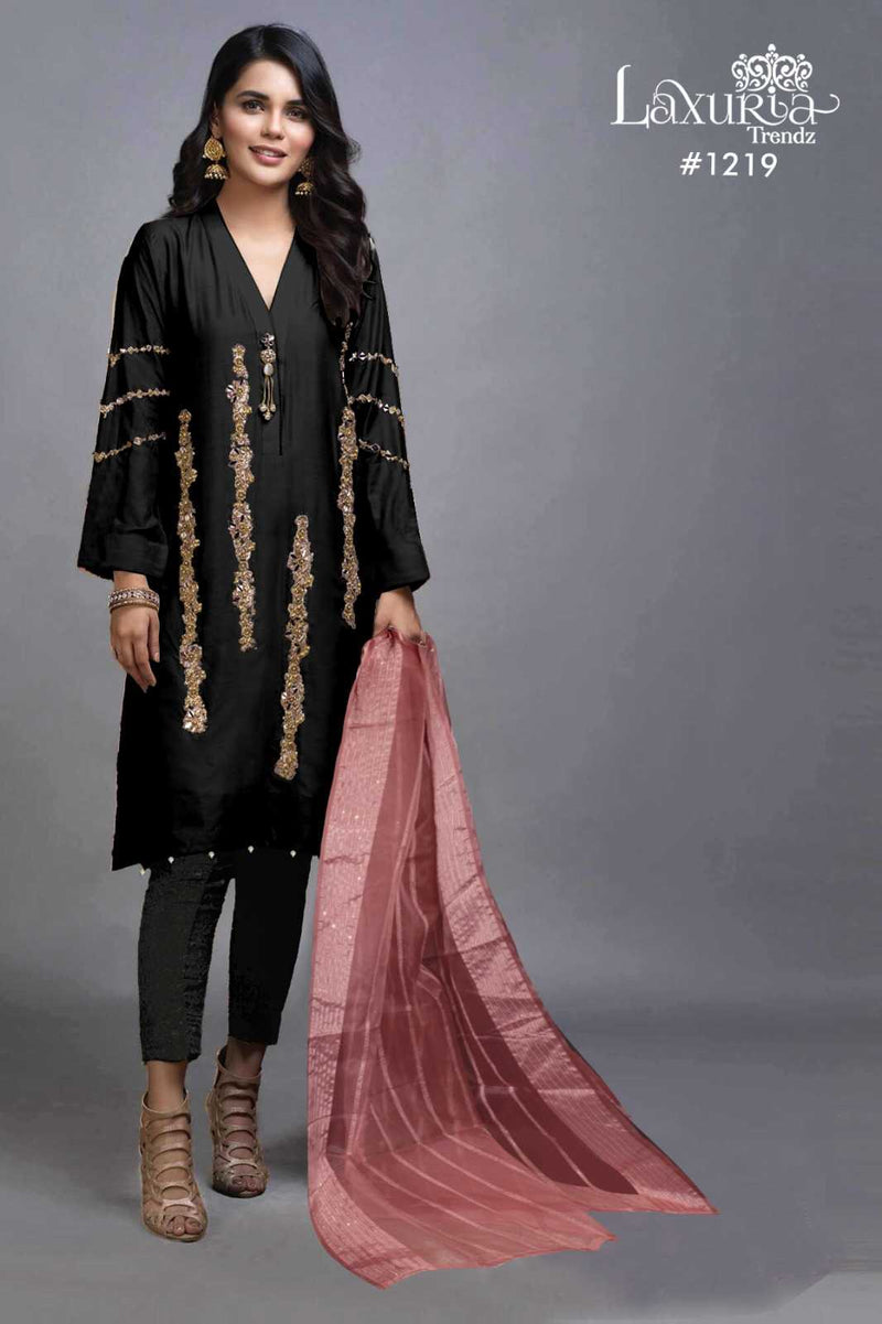 Laxuria Trendz 1219 Imported Satin Handwork Kurti Pant Fancy Organza Dupatta Set