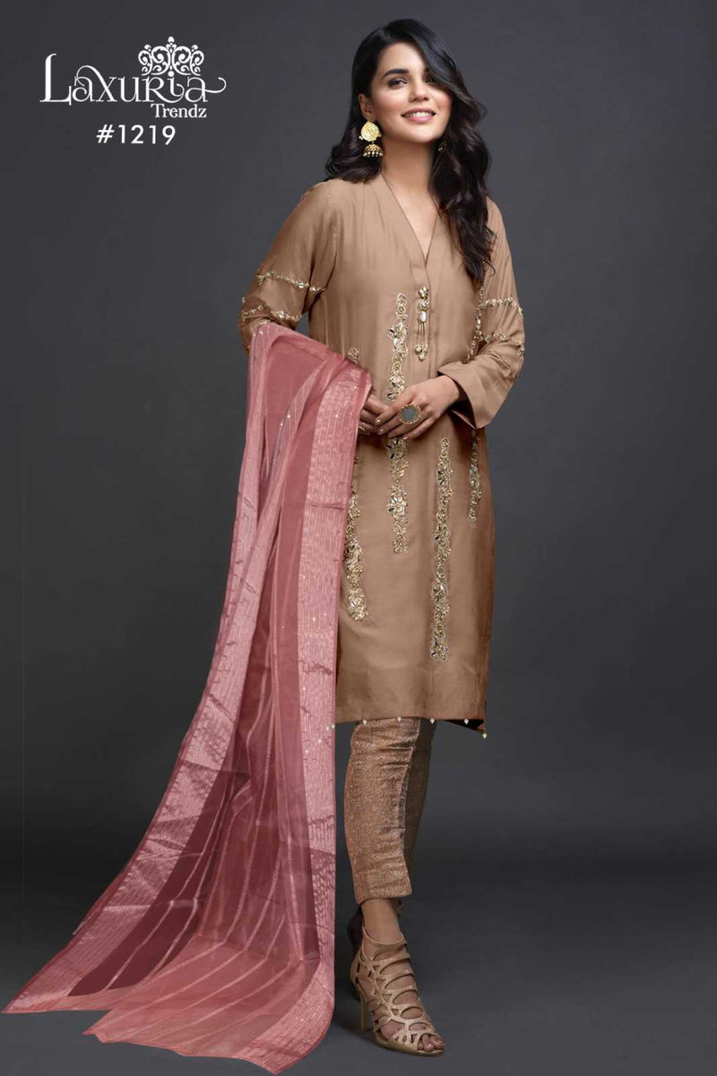 Laxuria Trendz 1219 Imported Satin Handwork Kurti Pant Fancy Organza Dupatta Set
