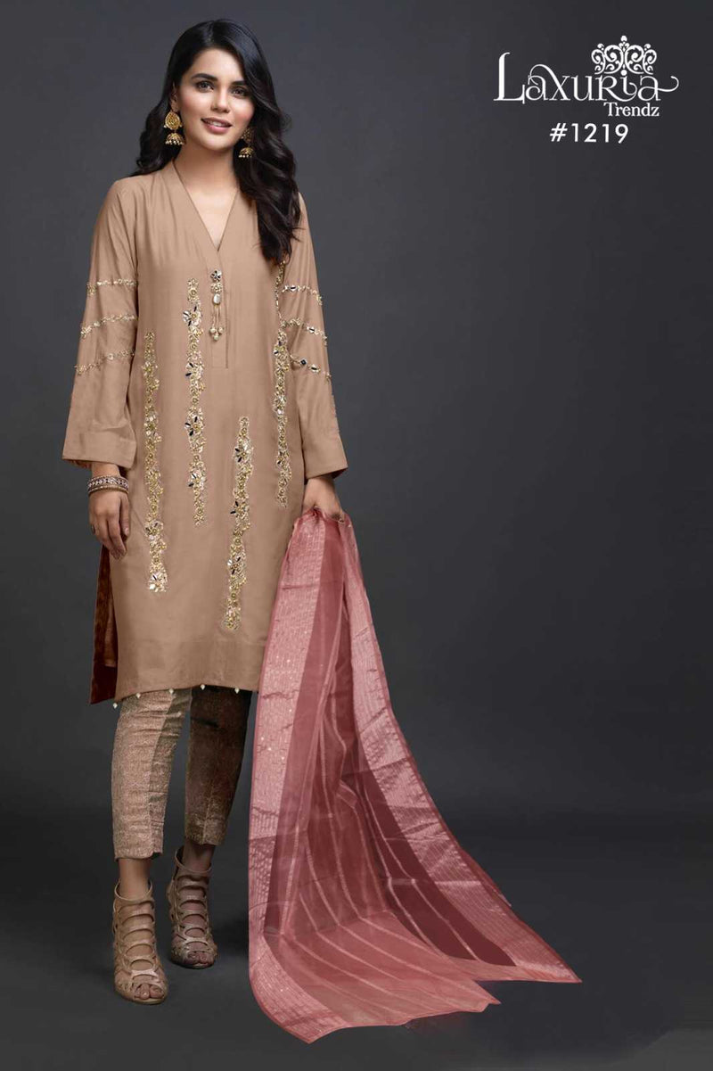 Laxuria Trendz 1219 Imported Satin Handwork Kurti Pant Fancy Organza Dupatta Set