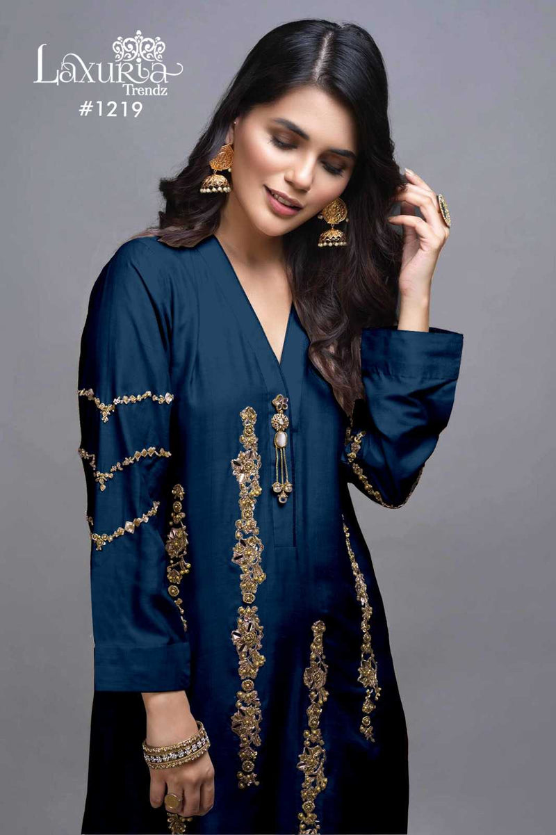 Laxuria Trendz 1219 Imported Satin Handwork Kurti Pant Fancy Organza Dupatta Set