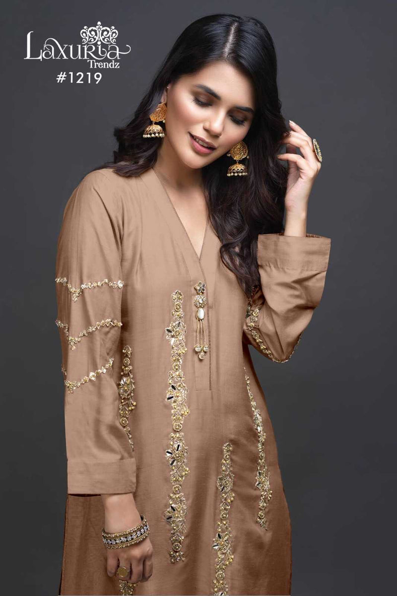 Laxuria Trendz 1219 Imported Satin Handwork Kurti Pant Fancy Organza Dupatta Set