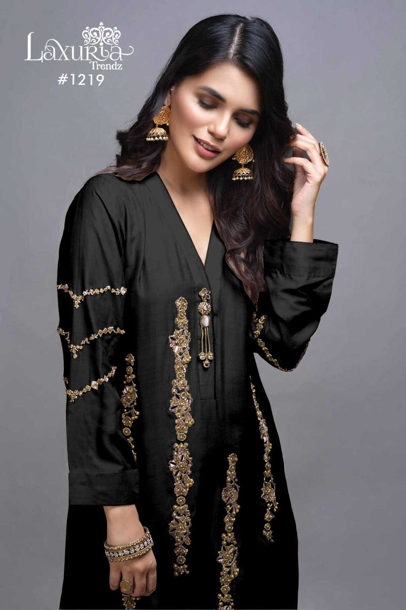 Laxuria Trendz 1219 Imported Satin Handwork Kurti Pant Fancy Organza Dupatta Set