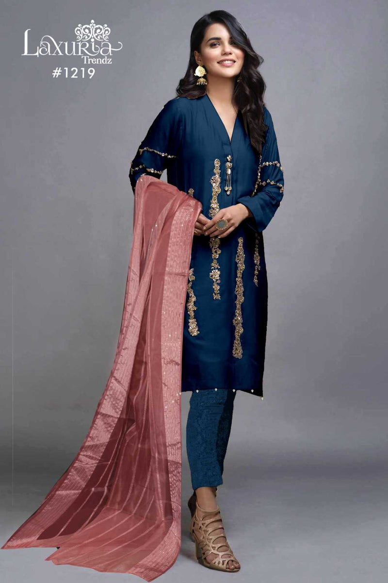 Laxuria Trendz 1219 Imported Satin Handwork Kurti Pant Fancy Organza Dupatta Set