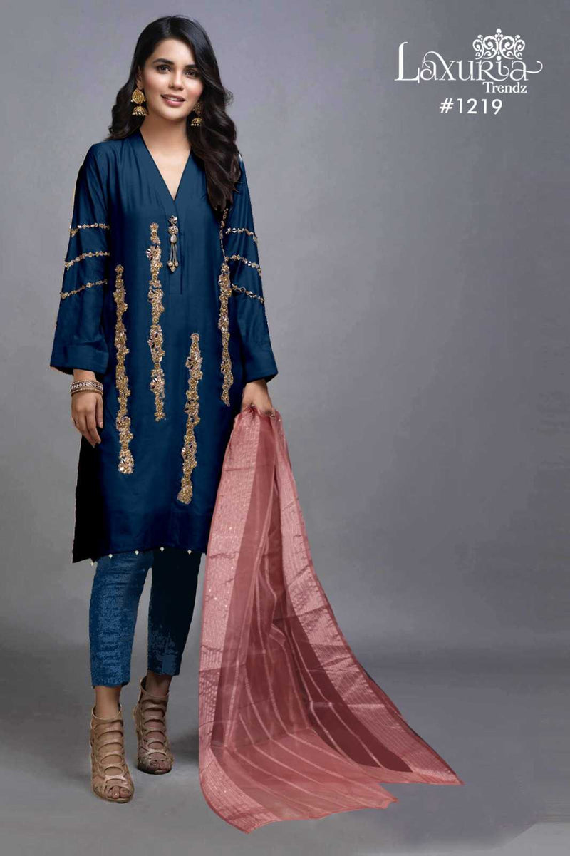 Laxuria Trendz 1219 Imported Satin Handwork Kurti Pant Fancy Organza Dupatta Set