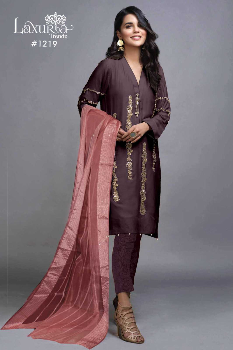 Laxuria Trendz 1219 Imported Satin Handwork Kurti Pant Fancy Organza Dupatta Set