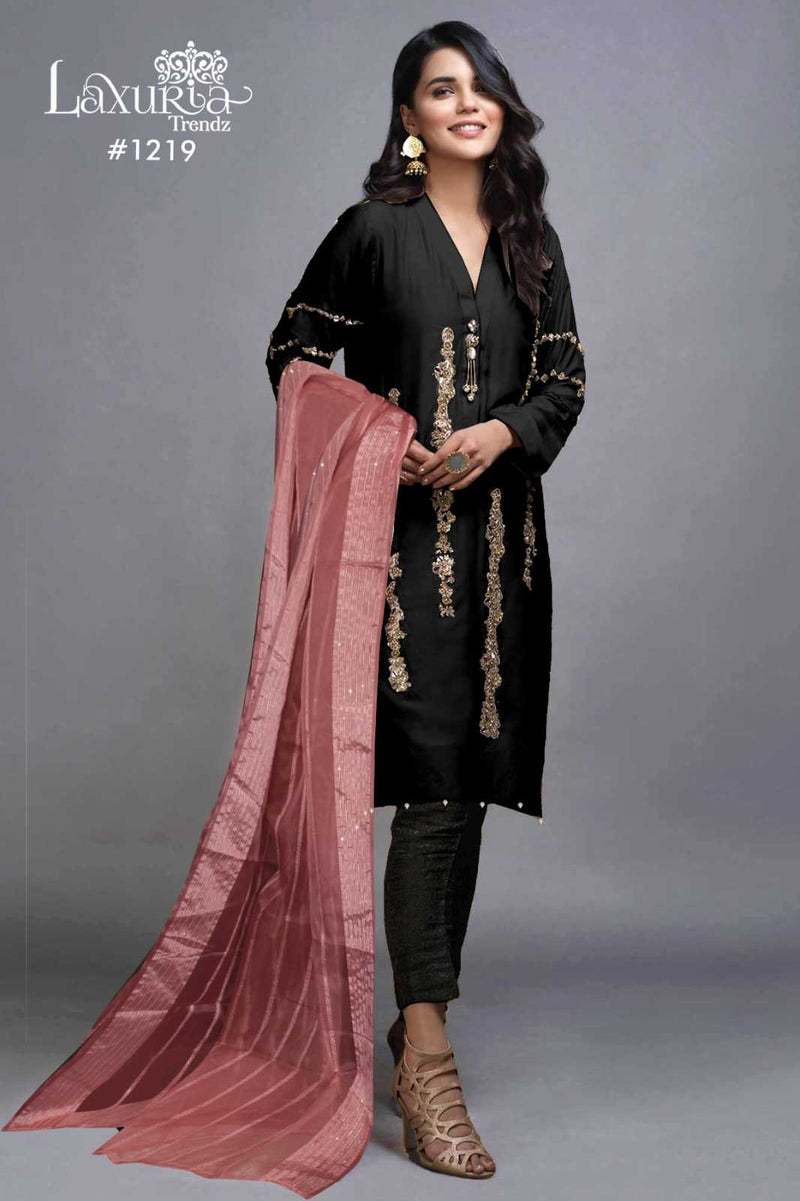 Laxuria Trendz 1219 Imported Satin Handwork Kurti Pant Fancy Organza Dupatta Set