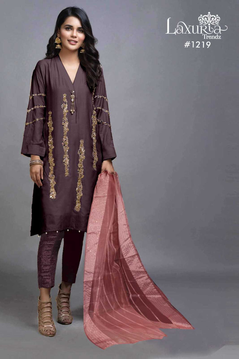 Laxuria Trendz 1219 Imported Satin Handwork Kurti Pant Fancy Organza Dupatta Set