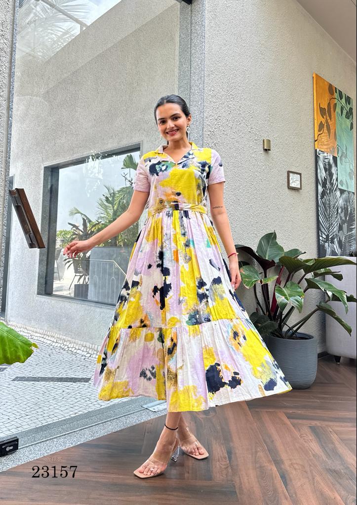 Indira D No 23157 Cotton Fancy Designer One Piece Gown Kurti Collection