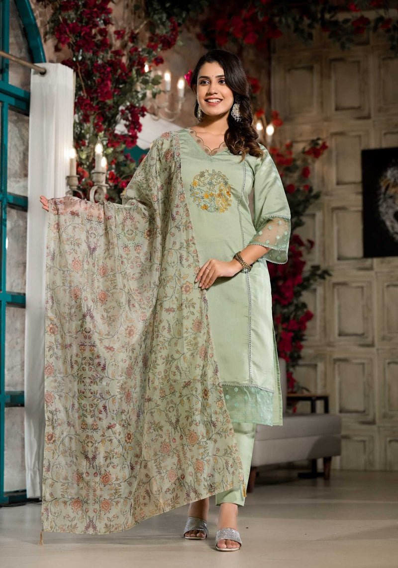 Label Khoj D N 9609 Viscose Silk Top Bottom Embroidery V Neck Digital Print Organza Dupatta