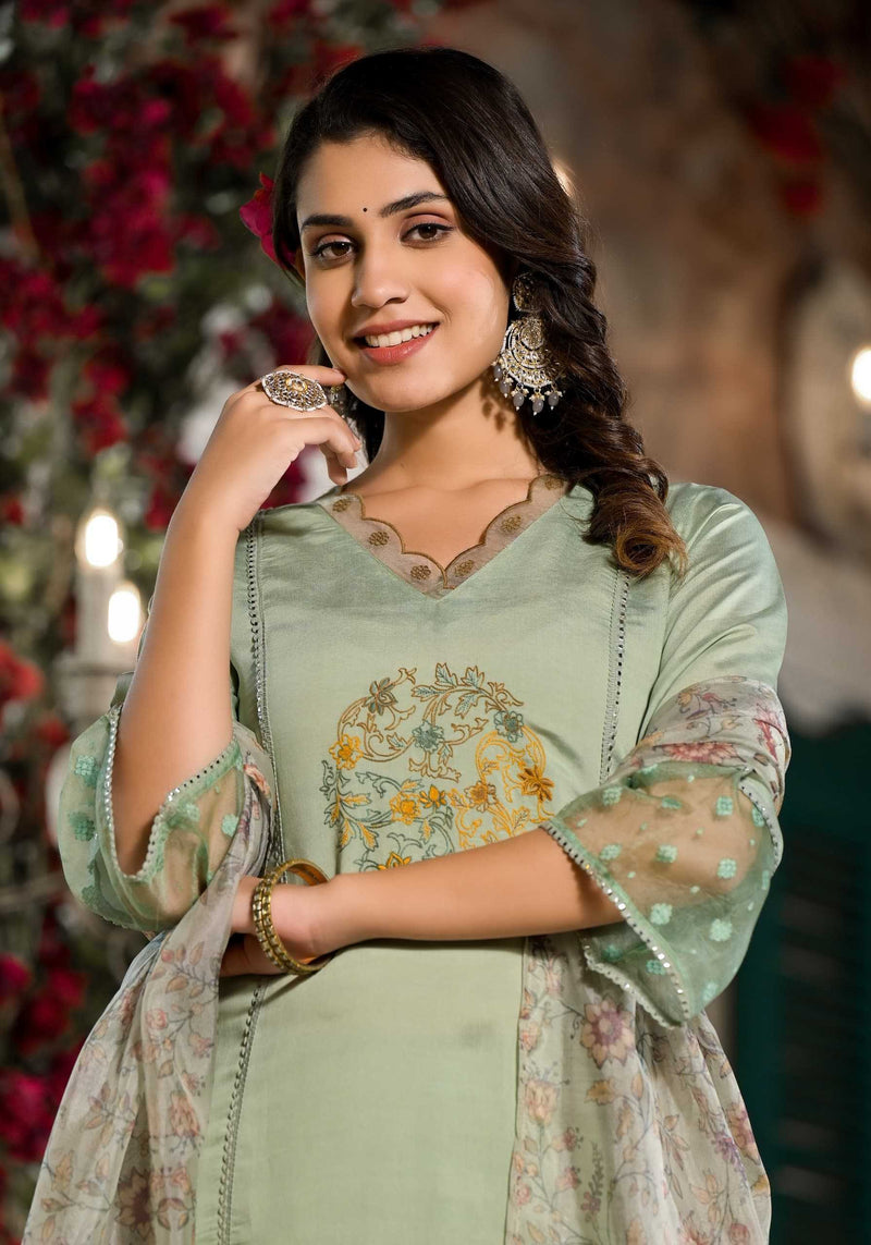 Label Khoj D N 9609 Viscose Silk Top Bottom Embroidery V Neck Digital Print Organza Dupatta