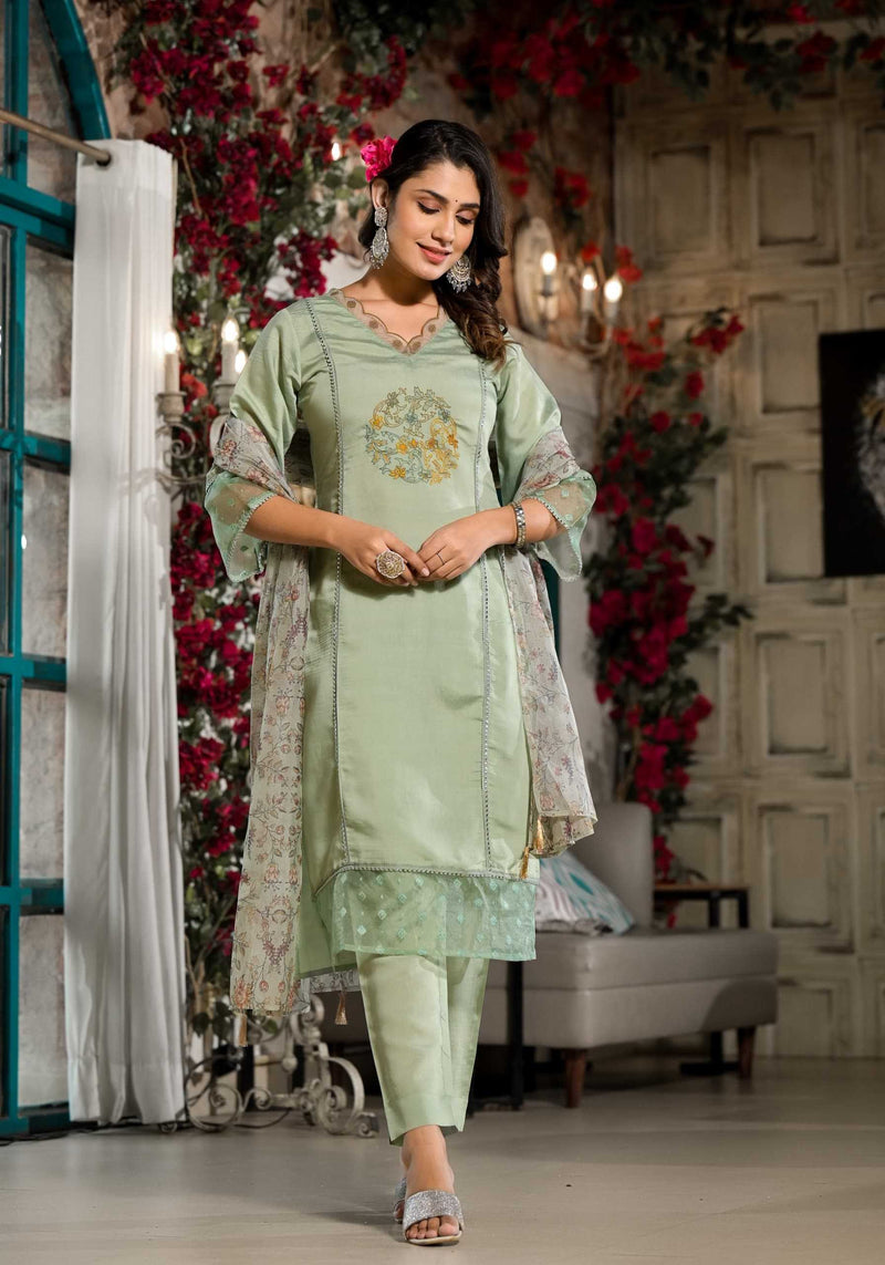 Label Khoj D N 9609 Viscose Silk Top Bottom Embroidery V Neck Digital Print Organza Dupatta