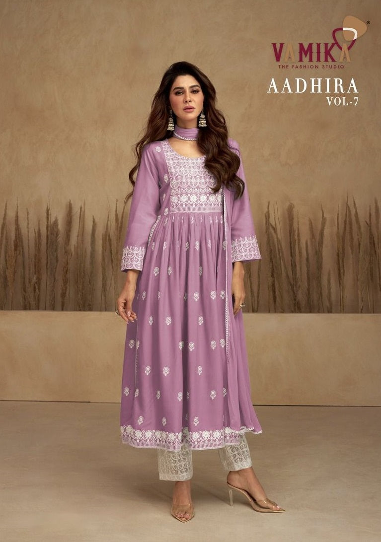 Vamika Aadhira Vol 7 Rayon Heavy Lakhnawi Embroidery Salwar Suit Collection