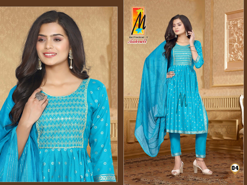 Master Aakruti Rayon Gold Prints With Fancy Sequence Work Kurti With Bottom & Dupatta