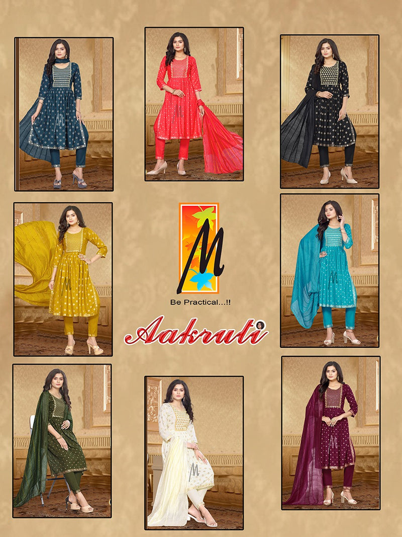 Master Aakruti Rayon Gold Prints With Fancy Sequence Work Kurti With Bottom & Dupatta