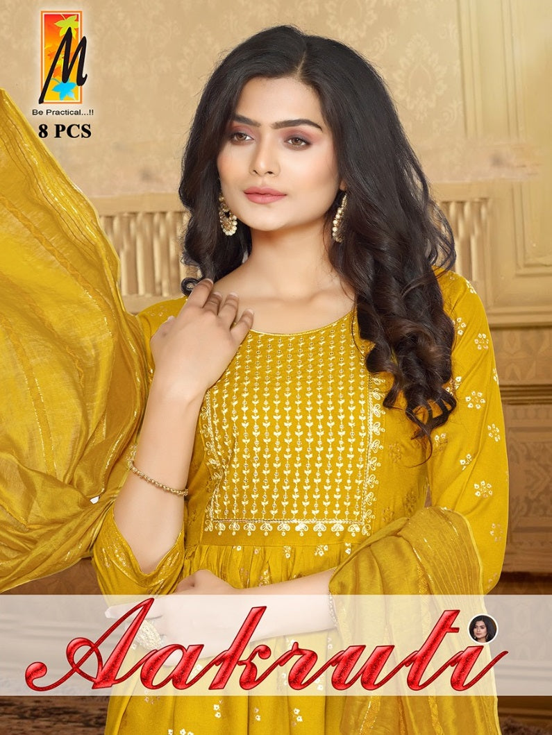 Master Aakruti Rayon Gold Prints With Fancy Sequence Work Kurti With Bottom & Dupatta