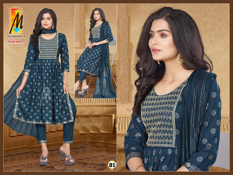 Master Aakruti Rayon Gold Prints With Fancy Sequence Work Kurti With Bottom & Dupatta