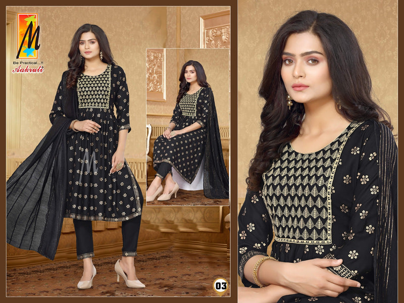 Master Aakruti Rayon Gold Prints With Fancy Sequence Work Kurti With Bottom & Dupatta