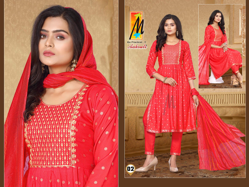 Master Aakruti Rayon Gold Prints With Fancy Sequence Work Kurti With Bottom & Dupatta