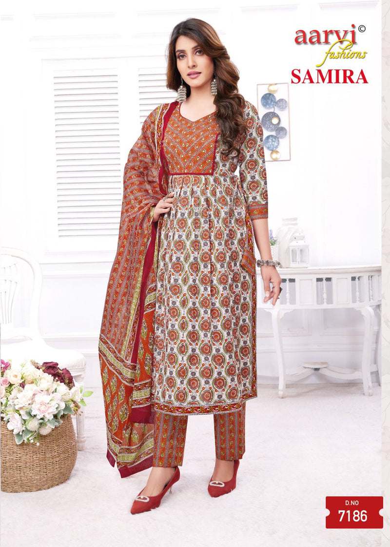 Aarvi Fashion Samira Vol 1 Cotton Print Fancy Naira Cut Pattern Kurti Combo Set