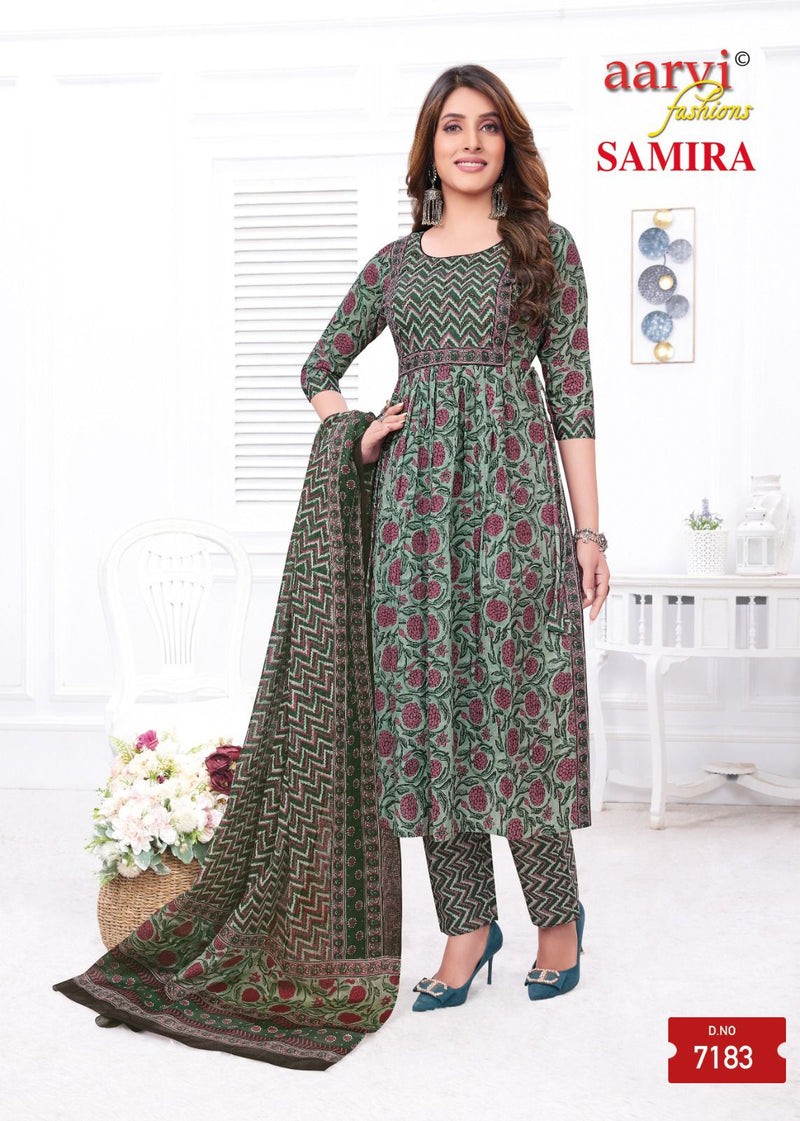 Aarvi Fashion Samira Vol 1 Cotton Print Fancy Naira Cut Pattern Kurti Combo Set