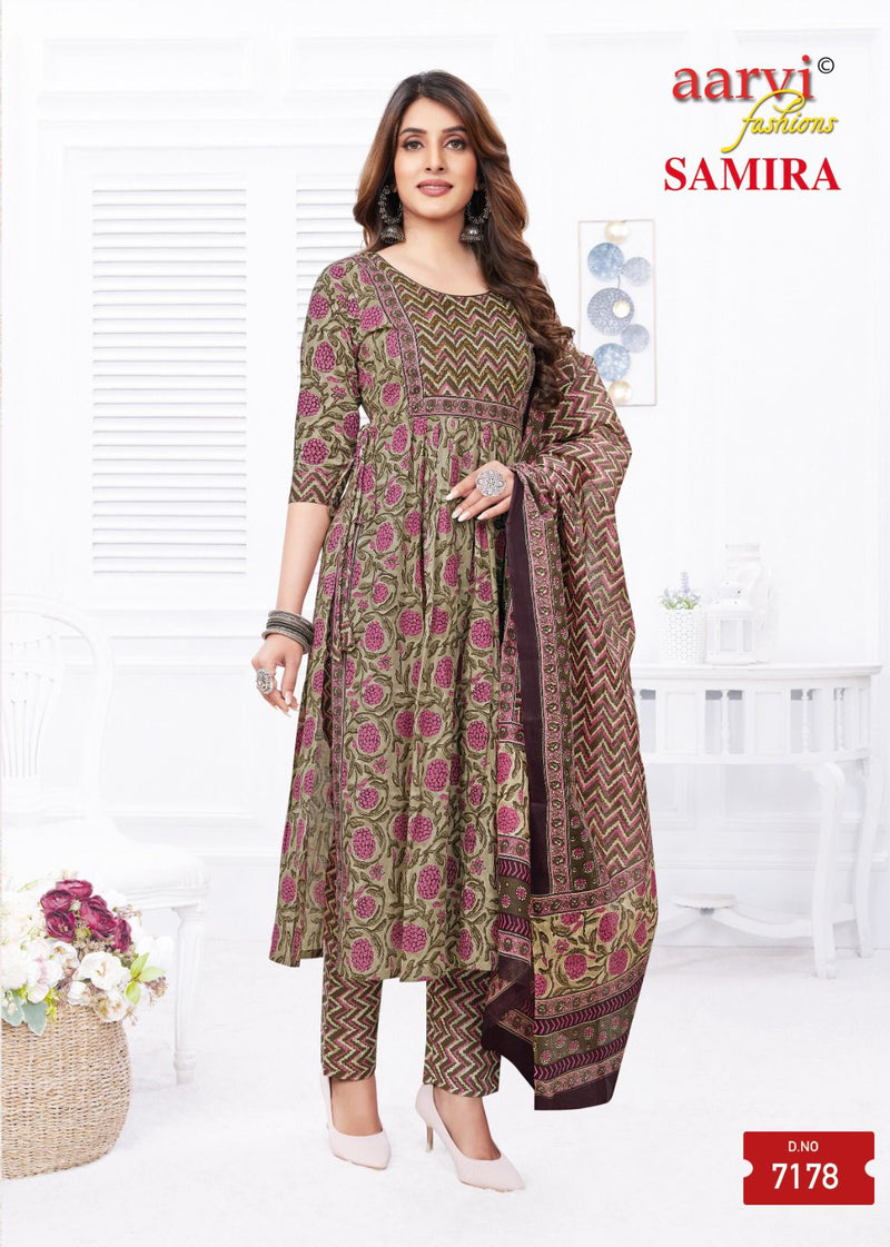 Aarvi Fashion Samira Vol 1 Cotton Print Fancy Naira Cut Pattern Kurti Combo Set