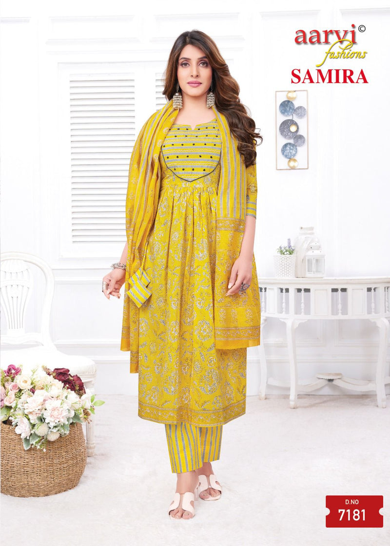 Aarvi Fashion Samira Vol 1 Cotton Print Fancy Naira Cut Pattern Kurti Combo Set