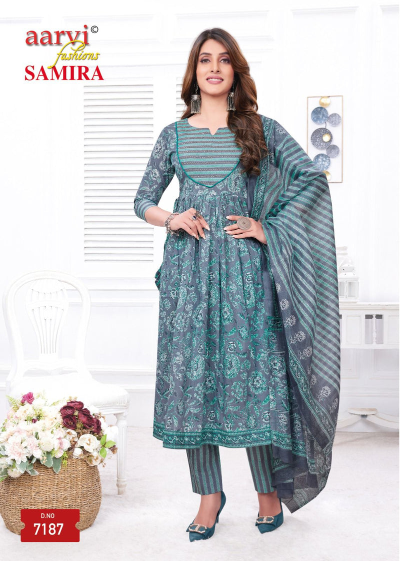 Aarvi Fashion Samira Vol 1 Cotton Print Fancy Naira Cut Pattern Kurti Combo Set
