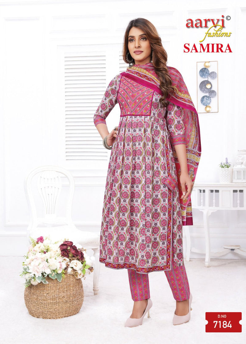 Aarvi Fashion Samira Vol 1 Cotton Print Fancy Naira Cut Pattern Kurti Combo Set