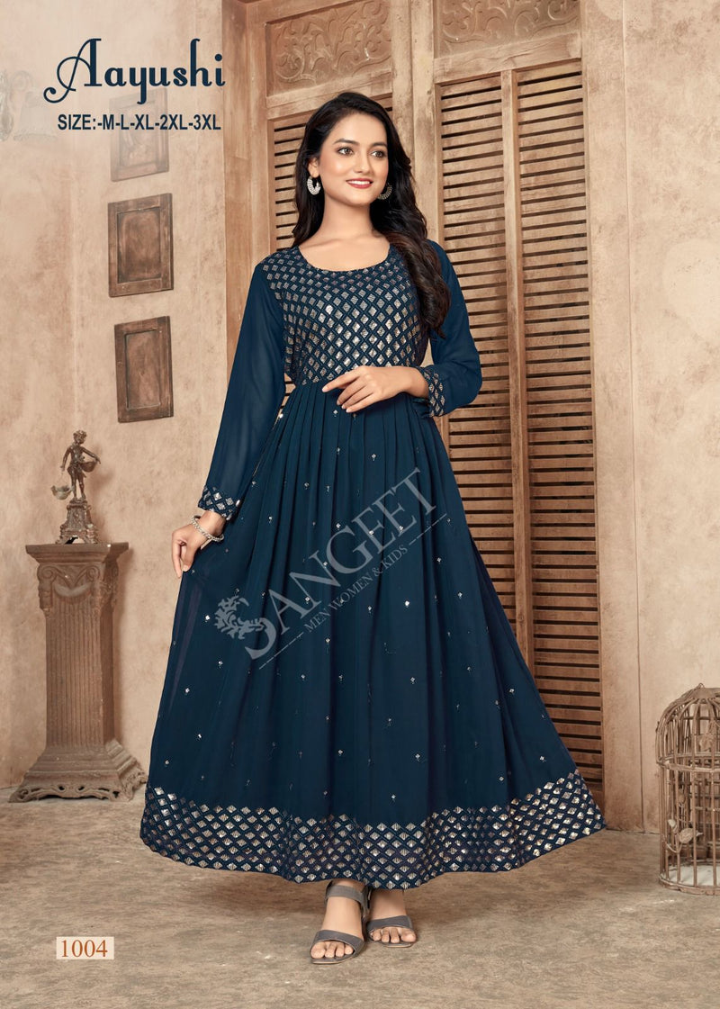 Mf Aayushi Fox Georgette With Embroiderywork Designer Gown Style Kurti Collection