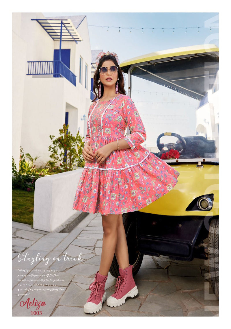 Ladies Flavour Aeliza Mull Cotton Print Embroidery Work Cotton Lace Fancy Wear Kurti
