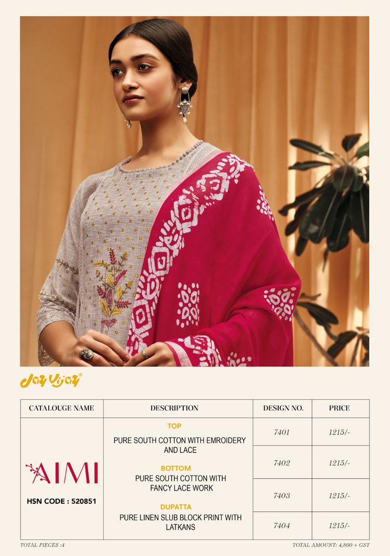 Jay Vijay Aimi Cotton With Fancy Embroidery Designer Traditional Wear Suits