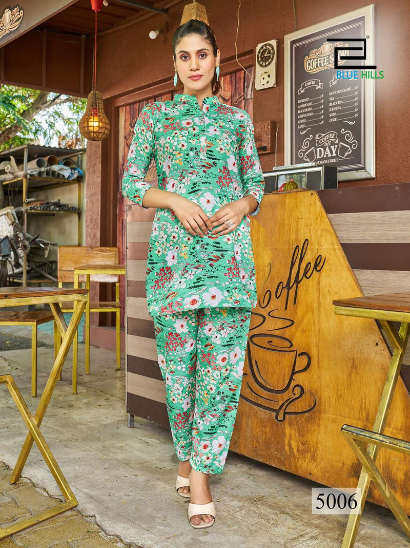 Blue Hills Airport Look Vol 5 Linen Digital Print Fancy Top With Bottom Cord Sets
