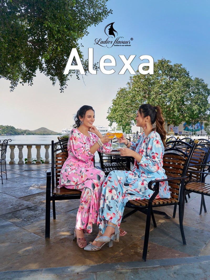 Ladies Flavour Alexa Rayon Fancy Prints Causal Wear Top With Bottom Cord Sets
