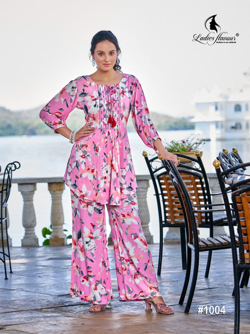 Ladies Flavour Alexa Rayon Fancy Prints Causal Wear Top With Bottom Cord Sets