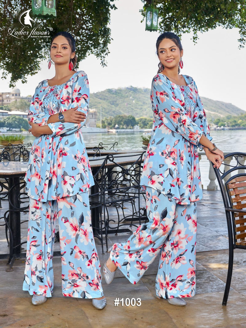 Ladies Flavour Alexa Rayon Fancy Prints Causal Wear Top With Bottom Cord Sets