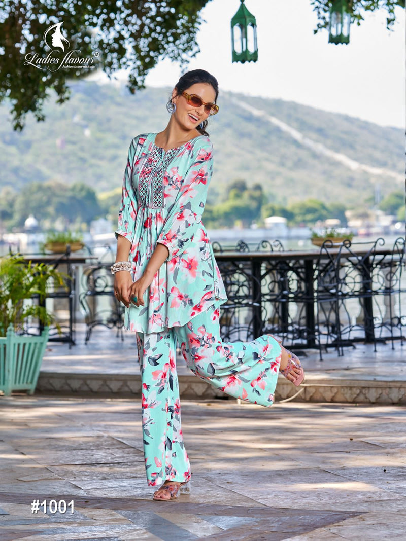 Ladies Flavour Alexa Rayon Fancy Prints Causal Wear Top With Bottom Cord Sets