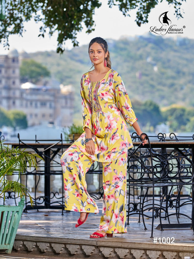 Ladies Flavour Alexa Rayon Fancy Prints Causal Wear Top With Bottom Cord Sets