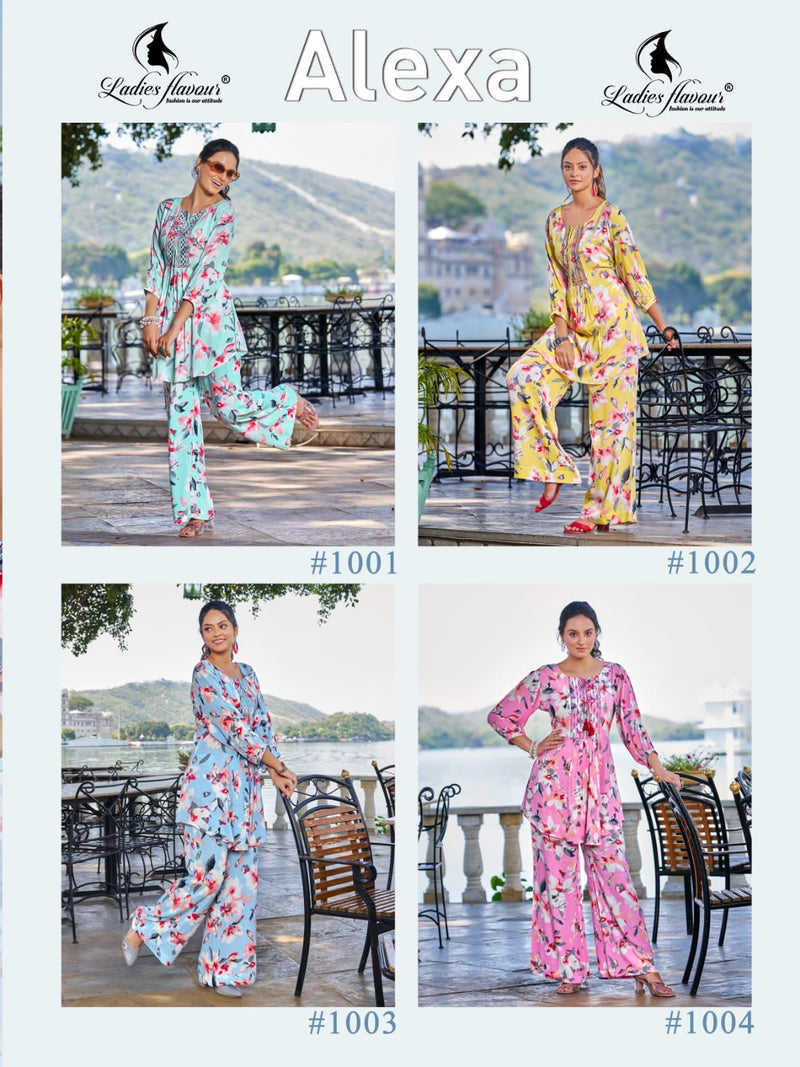 Ladies Flavour Alexa Rayon Fancy Prints Causal Wear Top With Bottom Cord Sets