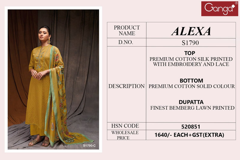Ganga Alexa 1790 Cotton Silk Printed With Embroidery Designer Fancy Suits