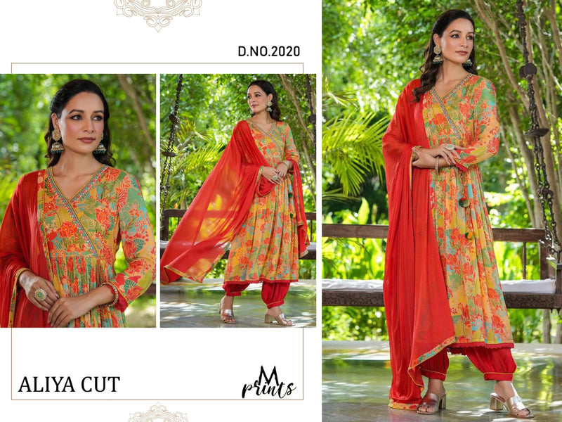 M Prints Alia Cut Collection Chinon With Designer Kurti With Afghani Pant Collection