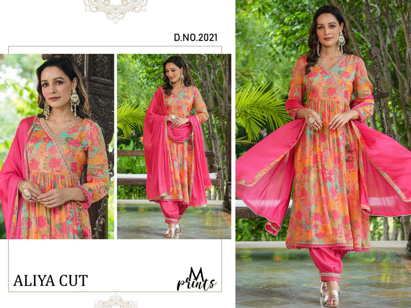 M Prints Alia Cut Collection Chinon With Designer Kurti With Afghani Pant Collection