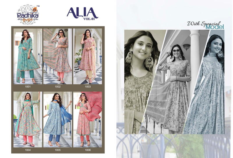 Radhika Life Style Alia Vol 1 Mul Cotton Foil Print Fancy Kurti Pant With Dupatta Set