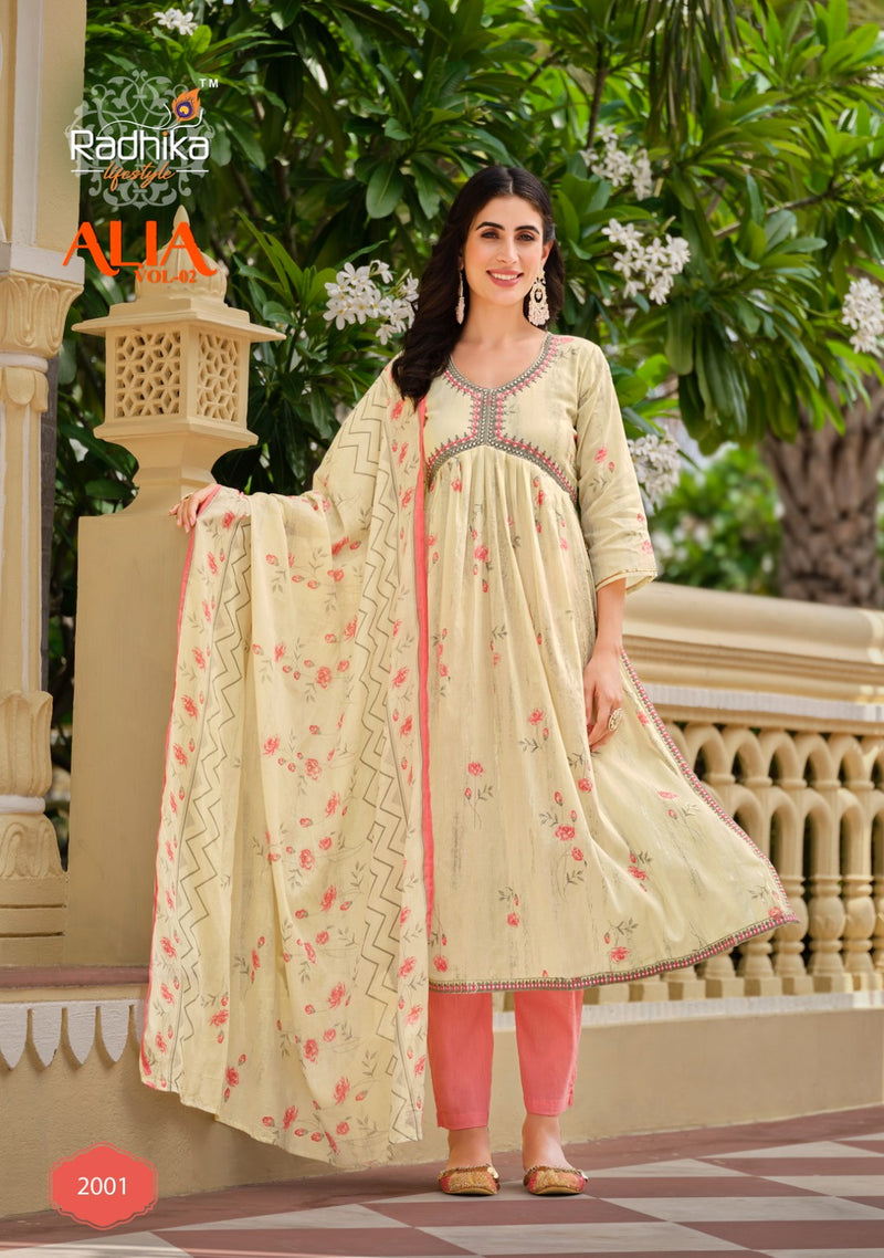 Radhika Life Style Alia Vol 2 Mul Cotton Foil Print With Embroidery Work Kurti Combo Set