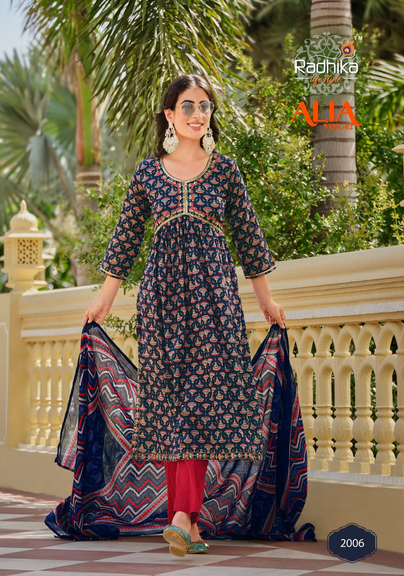 Radhika Life Style Alia Vol 2 Mul Cotton Foil Print With Embroidery Work Kurti Combo Set