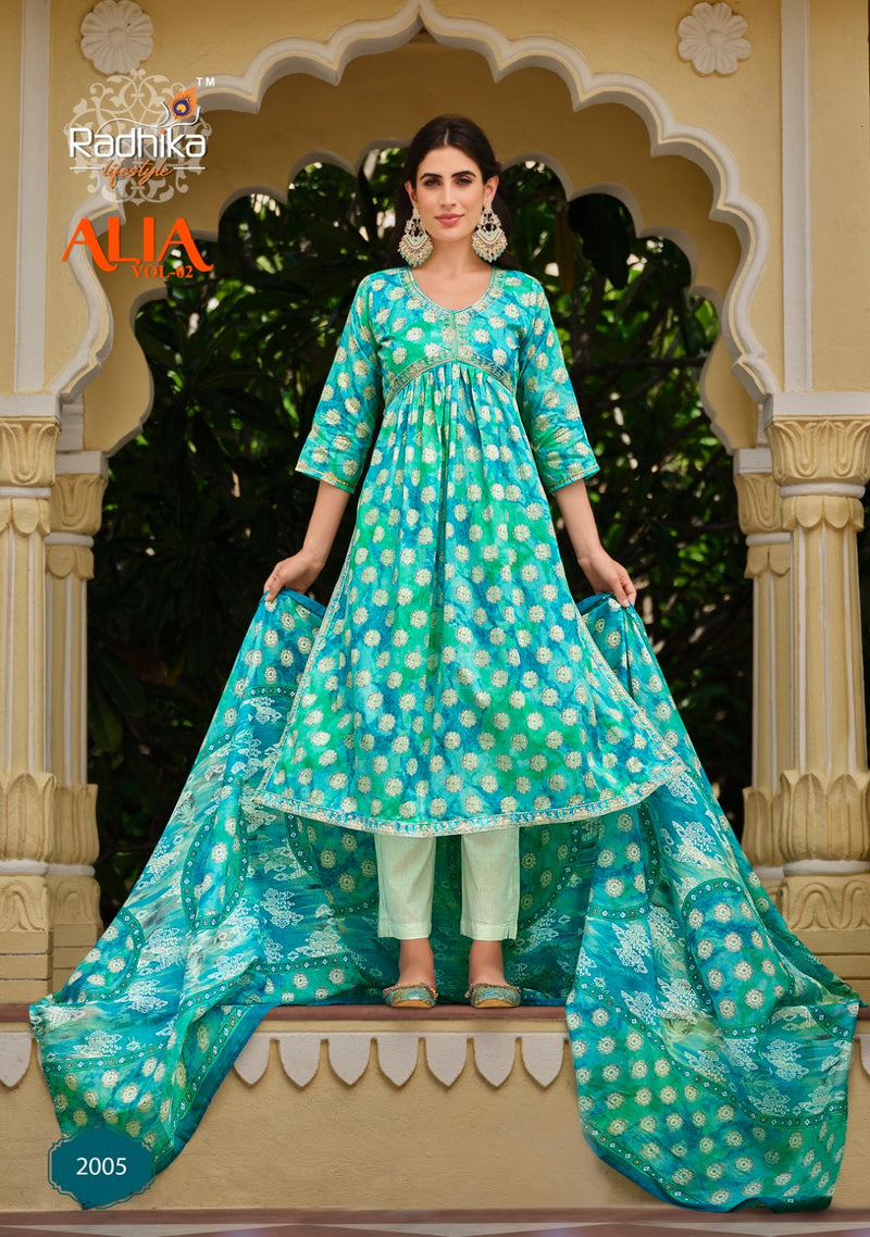 Radhika Life Style Alia Vol 2 Mul Cotton Foil Print With Embroidery Work Kurti Combo Set