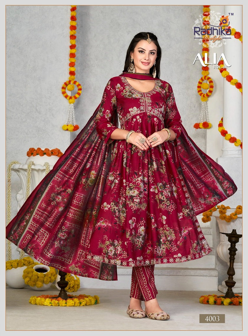 Radhika Lifestyle Alia Vol 4 Muslin Fancy Embroidery Alia Cut Kurti Collection