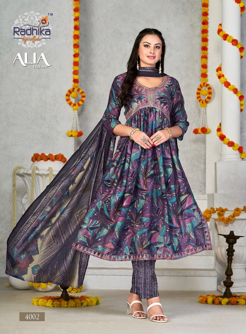 Radhika Lifestyle Alia Vol 4 Muslin Fancy Embroidery Alia Cut Kurti Collection