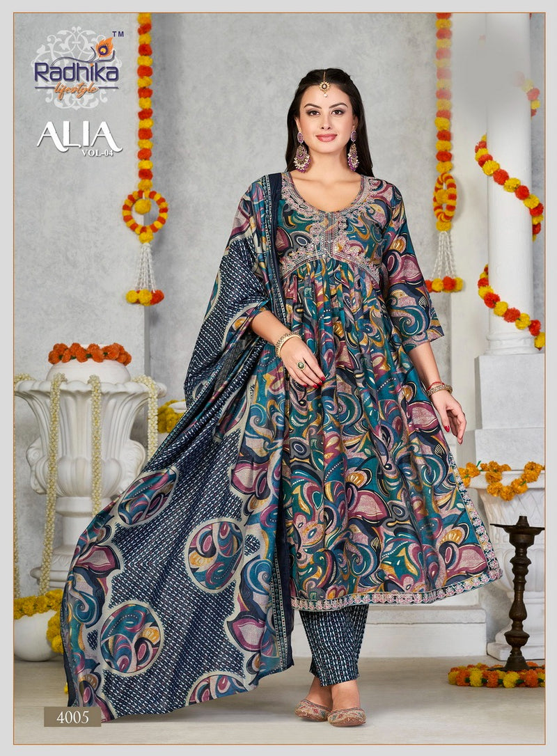 Radhika Lifestyle Alia Vol 4 Muslin Fancy Embroidery Alia Cut Kurti Collection